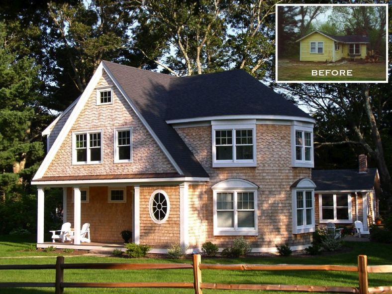 Shingle style addition with round walls and roof designed by duxbury, MA architect
