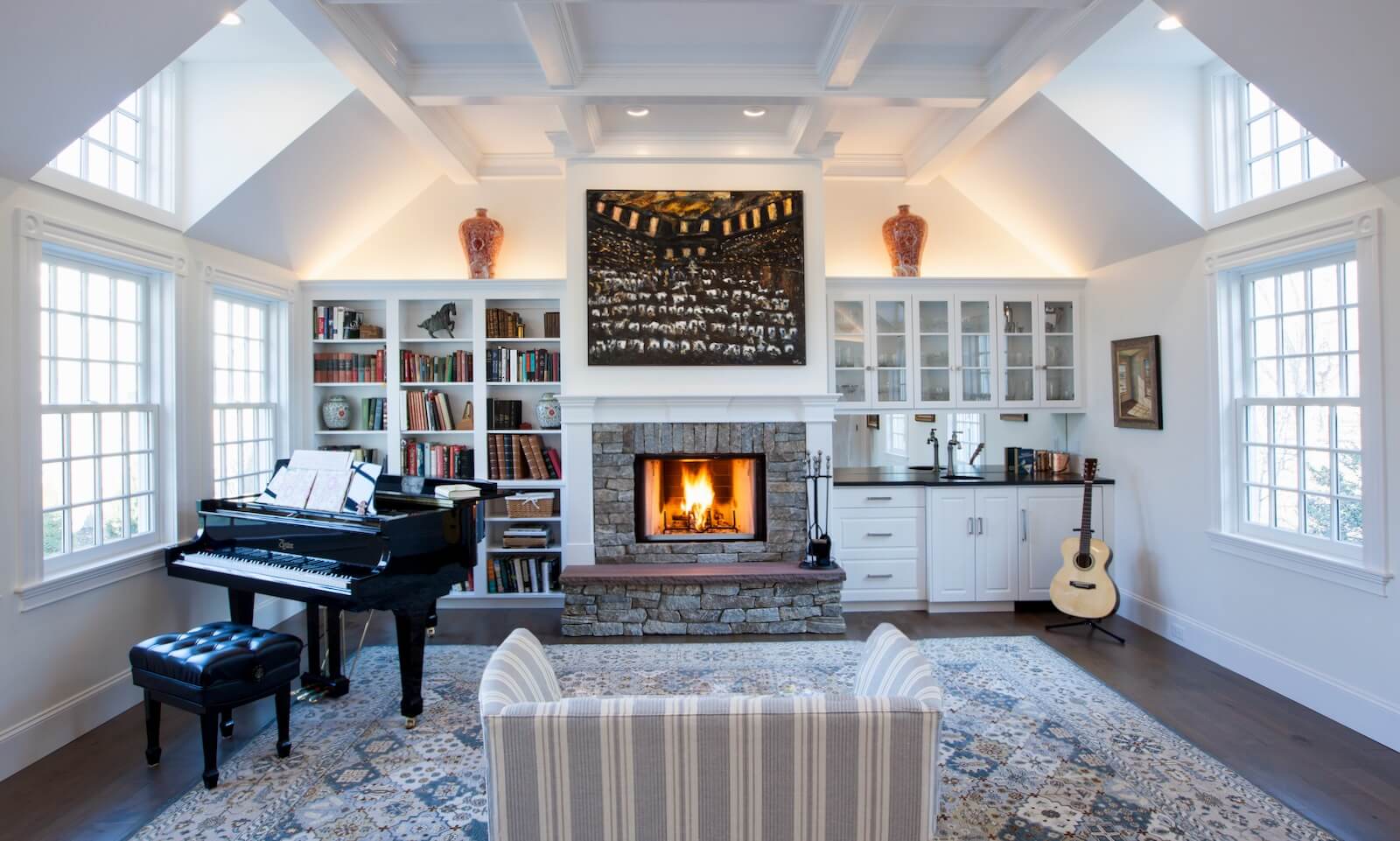Vaulted and coffered ceiling, fireplace wall with built-ins in Music Room Addition, Hingham MA
