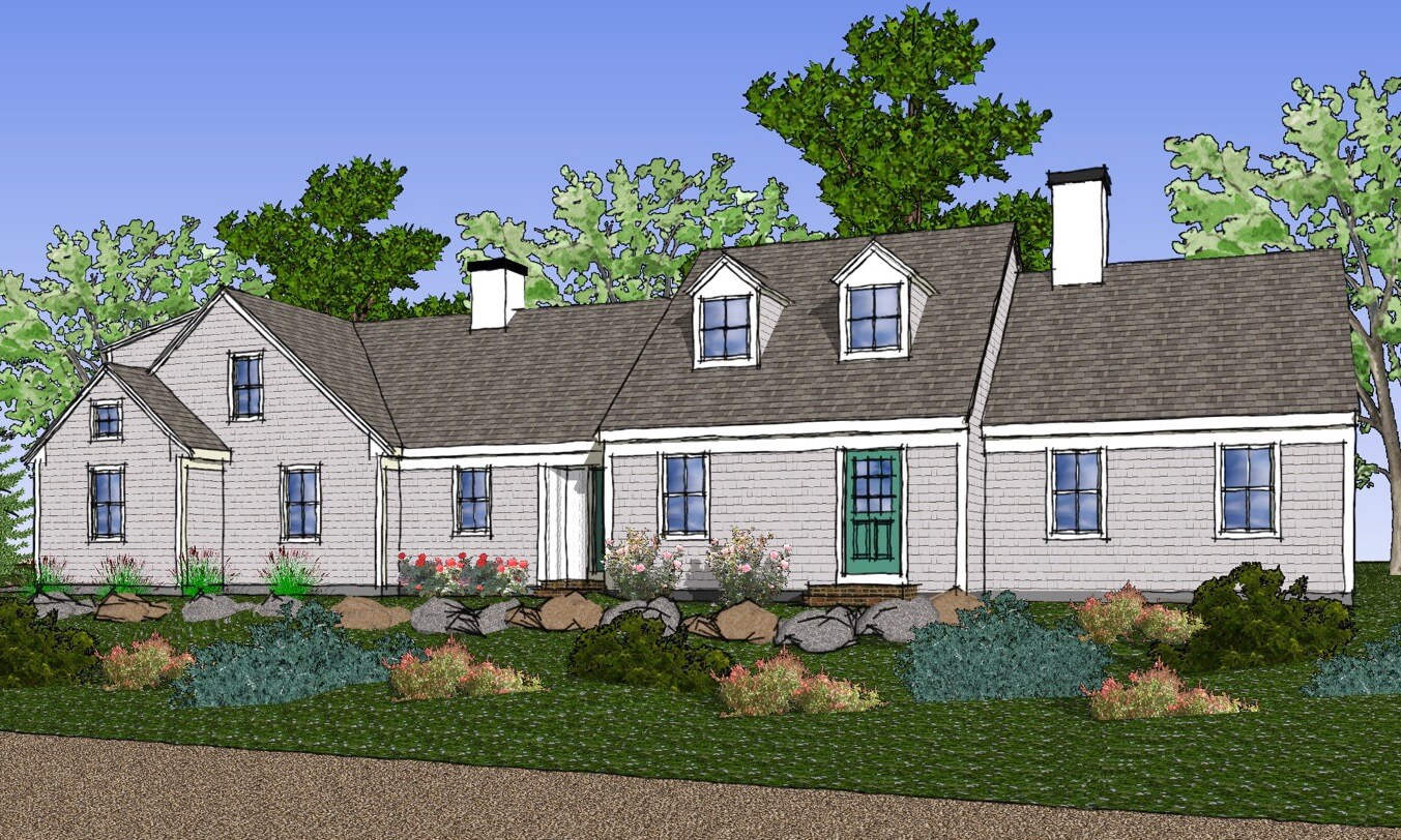 Architectural rendering of renovation and expansion of bow roof Cape Cod house in chatham MA by Duxbury architect