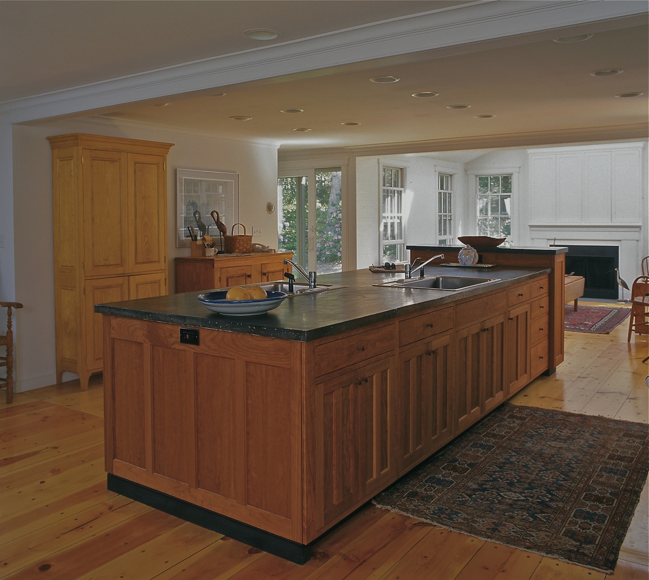 Shaker style kitchen island, Cherry custom cabinets, open plan traditional kitchen Cape Cod House
