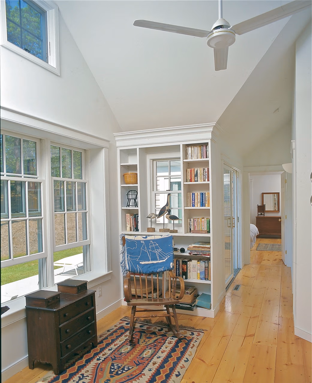 Vaulted ceiling, built-in bookcases, Cape Cod House by Duxbury MA architect and builder