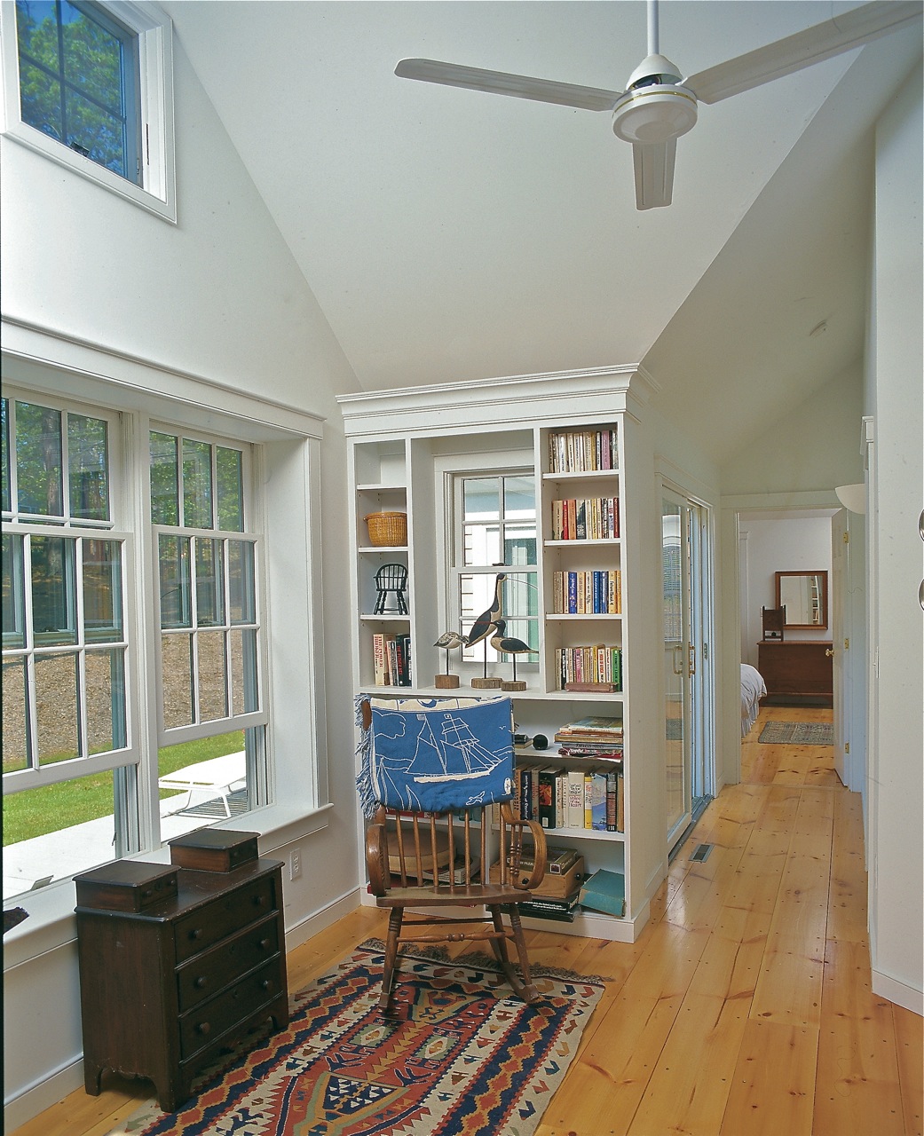 Vaulted ceiling, built-in bookcases, Cape Cod House by Duxbury MA architect and builder