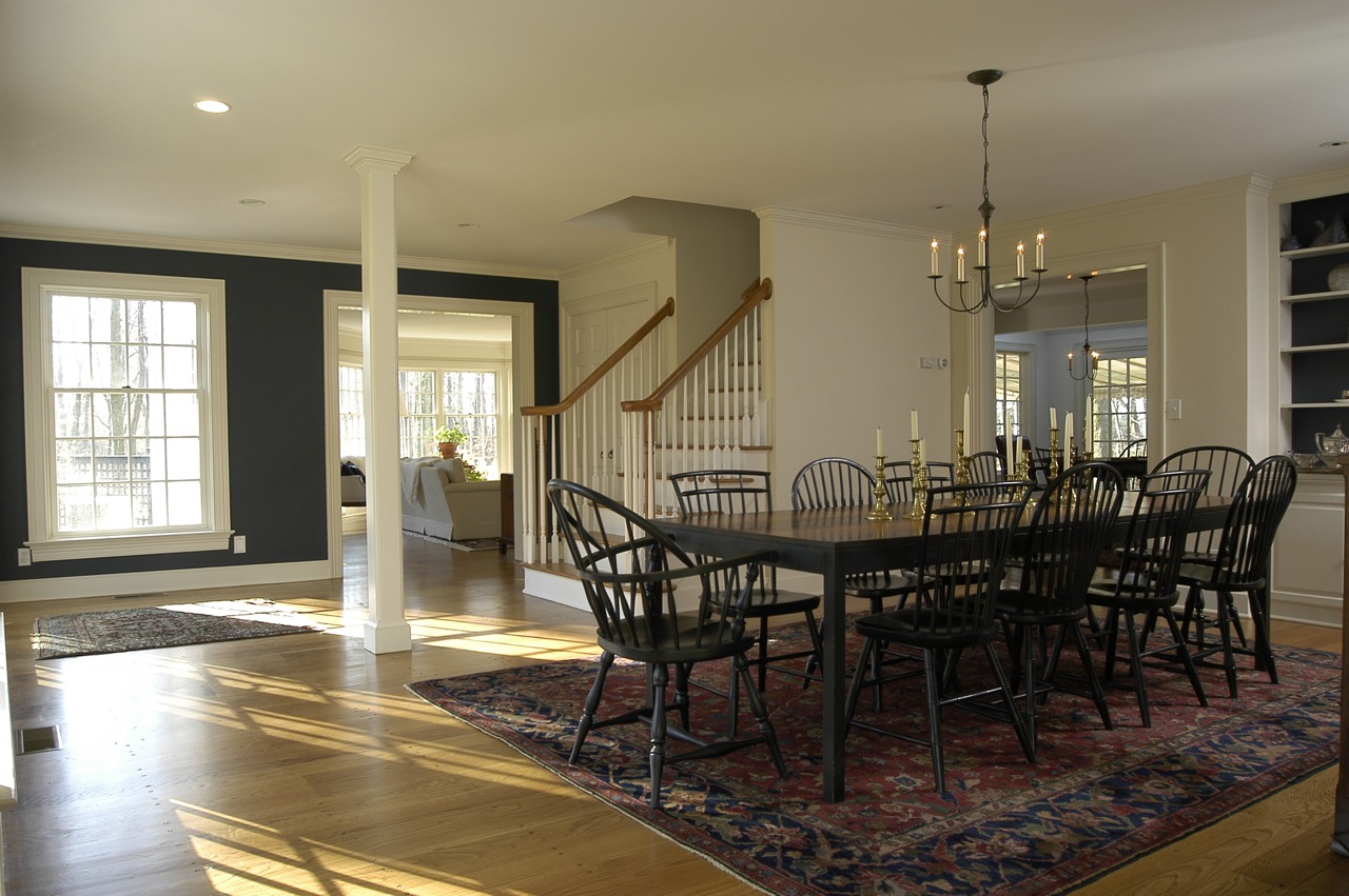 open plan dining room defined by architectural column