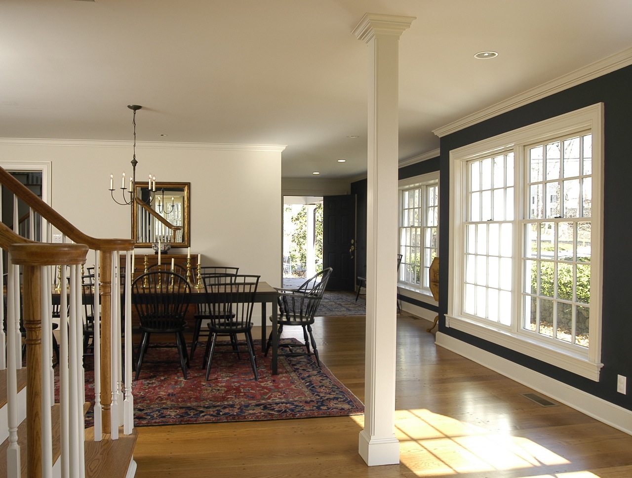 View from living room to entry across open floor plan home renovation