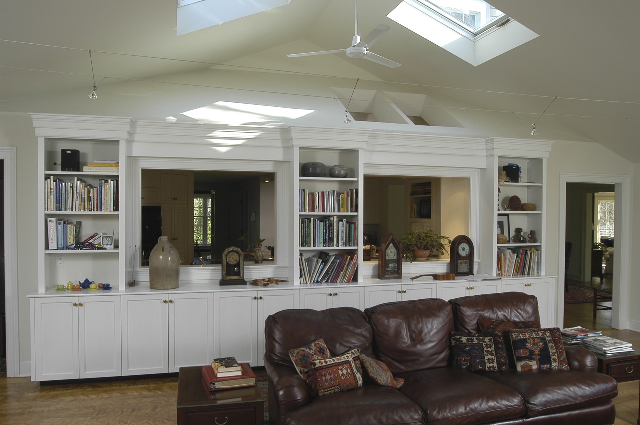 custom cabinets, vaulted ceiling, skylights in Family room addition to shingle style house in New Canaan CT