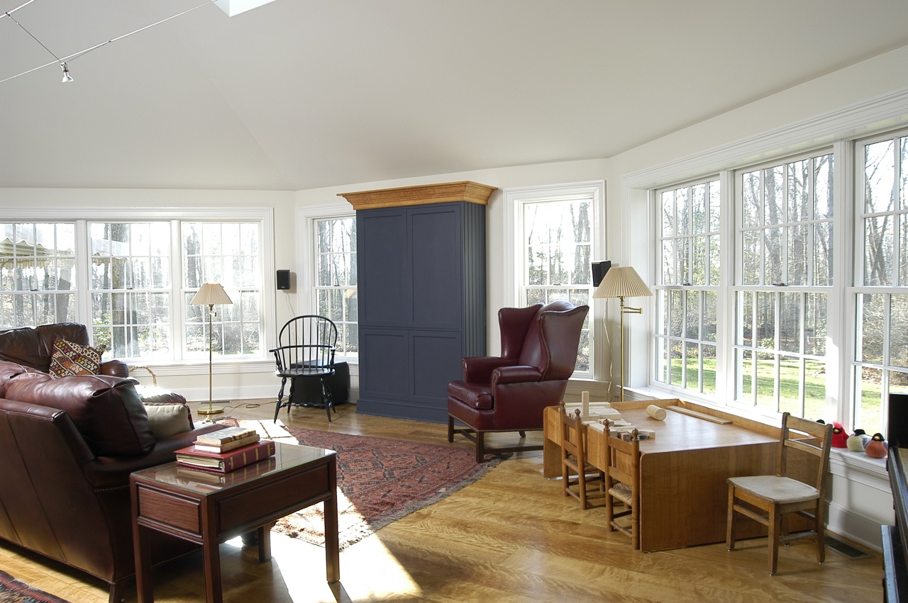 Custom cabinet, windows, vaulted ceiling at New Canaan CT home remodel