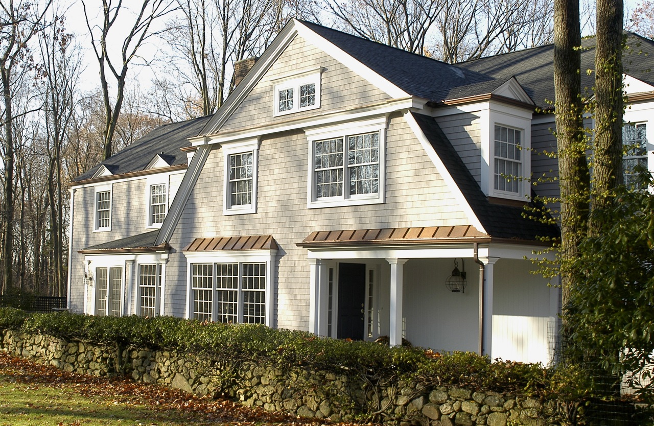 Shingle style, Gambrel roofed entry porch at home design by Duxbury MA architect