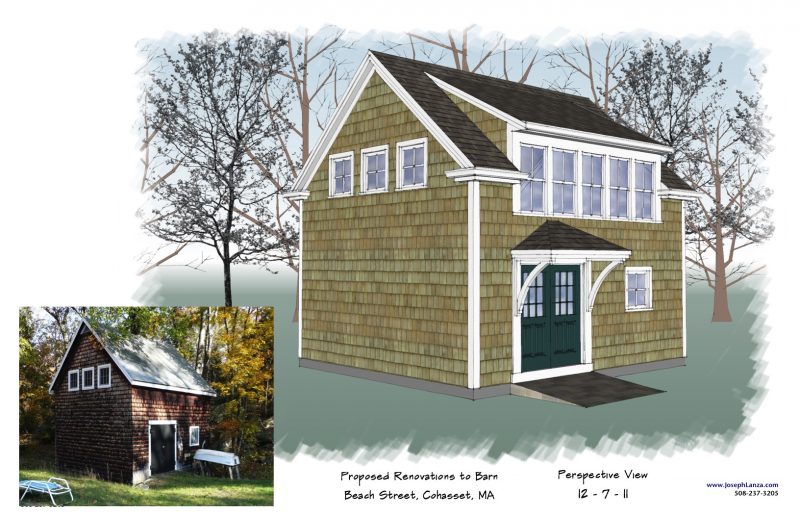 Architectural design rendering- before and after- Barn to house renovation- Cohasset MA
