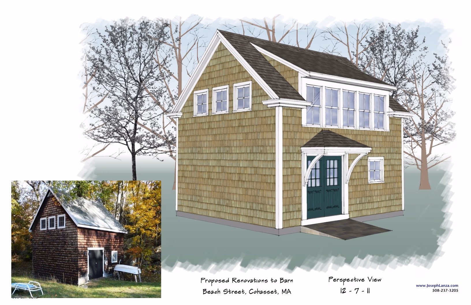 Architectural design rendering- before and after- Barn to house renovation- Cohasset MA