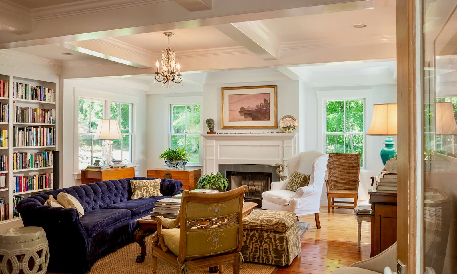 Coffered ceiling at living room in historic renovation in Jamestown RI by MA architect and builder