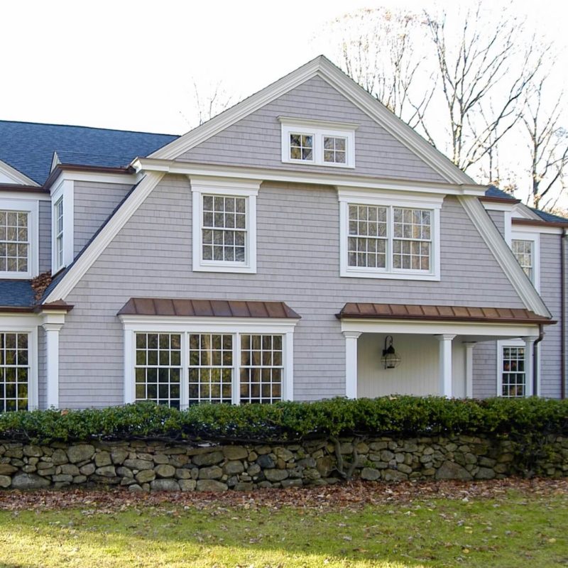 Shingle style Gambrel gable with entry porch in whole house renovation New Canaan, CT