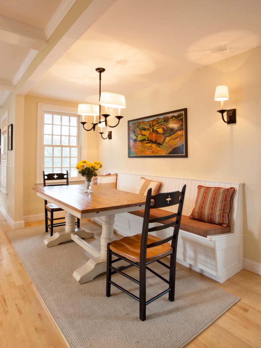 Dining nook with built-in seating in kitchen renovation in Hingham MA