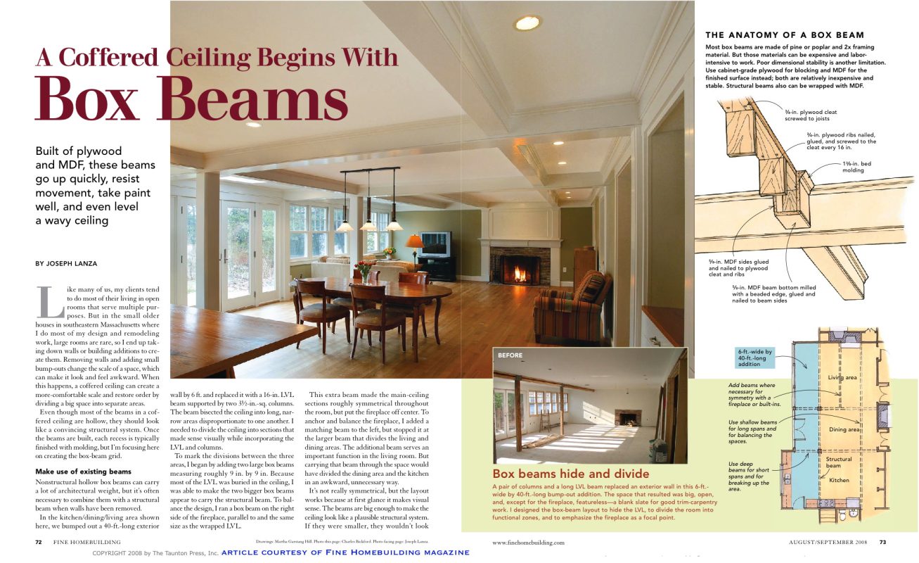pages 1 +2 from how to build box beam ceiling article FineHomebuilding Magazine by MA architect and builder Joe Lanza
