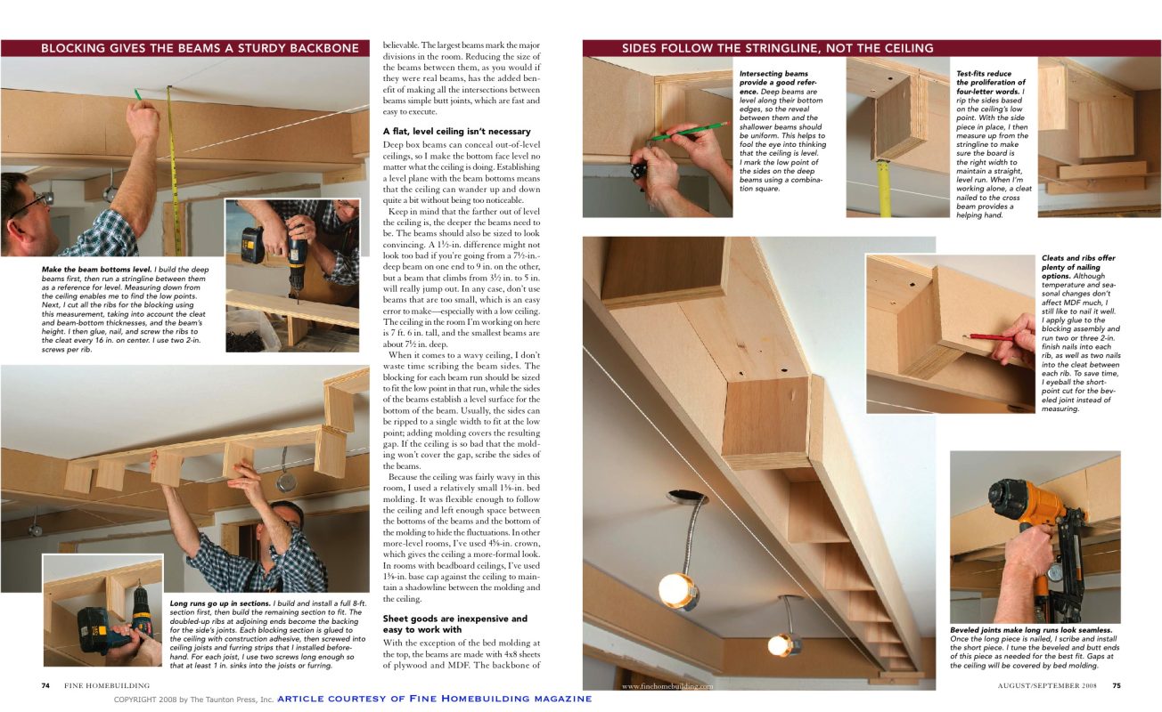 pages 3+4 from how to build box beam ceiling article FineHomebuilding Magazine by architect and builder Joe Lanza